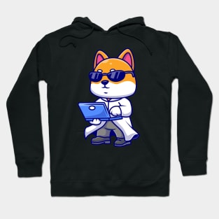 Cute Shiba Inu Dog Proffesor With Laptop Cartoon Hoodie